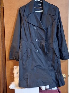 DKNY Black Double-Breasted Trench Coat with Wide Collar